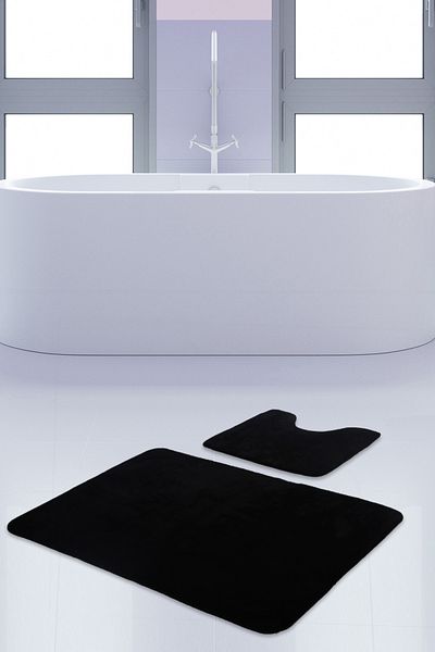 Dokumacıoğlu Unicolor Plain Σετ 2 μαύρων χαλιών μπάνιου, χαλί, αντιολισθητική βάση. Σετ καθίσματος τουαλέτας που πλένεται