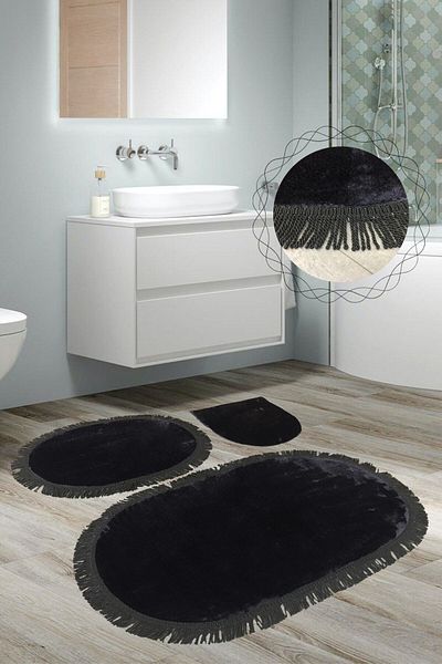 Dokumacıoğlu Σετ πατάκι μπάνιου Auger Oval Black 3 τεμαχίων με φούντες Σετ τουαλέτας με αντιολισθητική βάση Auger