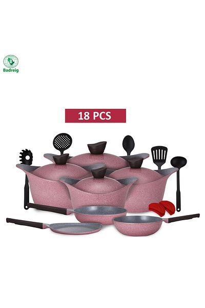 badreig LAHOYA CERAMIC COATED COOKWARE SET 18 PCS (PINK) |Made in Saudi