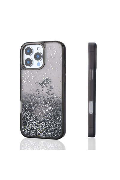 noktaks iPhone 16 Pro Compatible Case Liquid Glitter Transparent Back Surface Protective Keto Silicone Cover-Black-T35546