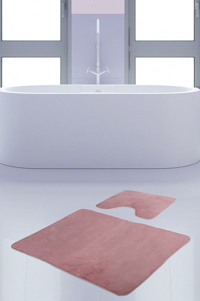 Dokumacıoğlu Unicolor Plain 2 τεμαχίων ροζ χαλάκι μπάνιου, χαλί, αντιολισθητική βάση. Σετ καθίσματος τουαλέτας που πλένεται
