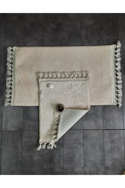 Dokumacıoğlu Elite Cream 2-Pece βελούδινο χαλάκι μπάνιου - Σετ τουαλέτας με πομπόν, αντιολισθητικό και φούντες