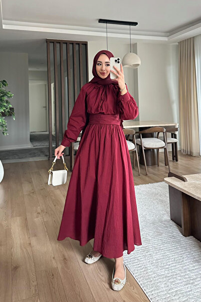 Miraydın Butik Stylish Hijab Set with Balloon Sleeve and Drawstring Skirt - Burgundy