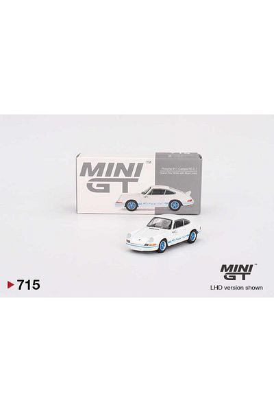 mini gt 715 Porsche 911 Rs 2.7 Grand Prix White with Blue Livery Model Car