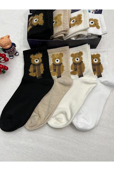 FUBA Aksesuar 4-Piece Feather Teddy Bear Pattern Socks Boxed Premium Socks