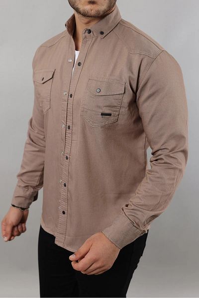 WOWA COMPANY Ανδρικό Slim Fit Διπλή Τσέπη Basic Skinny Καφέ Τζιν πουκάμισο