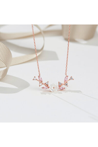 Siset Gümüş 925 Ayar Rose Kaplama Manolya Çiçekli Sevgi Dalı Gümüş Kolye