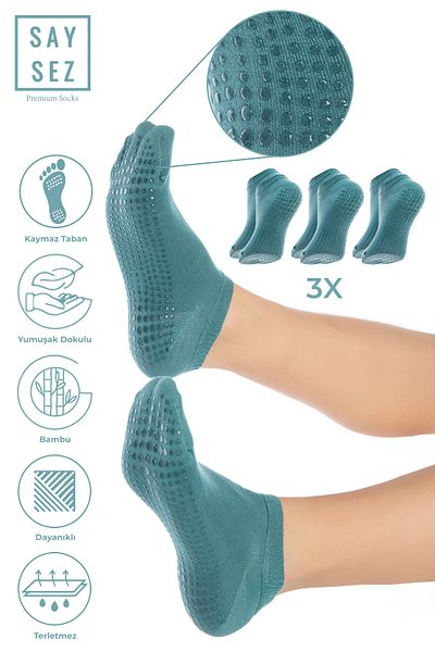 SAYSEZ Bamboo Women's Anti-Slip Sole Water Green Silicone Print Pilates Yoga Fitness Dance Activity Booties 3-Piece