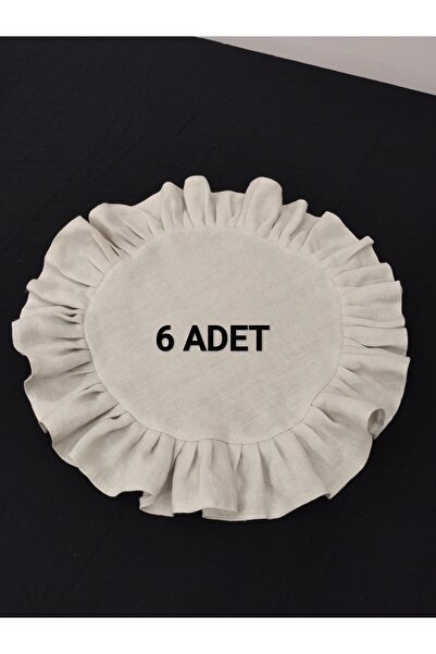 Fırfırlı Naturel Keten Taş Gri Amerikan Servisi Yuvarlak 6'lı 40x40
