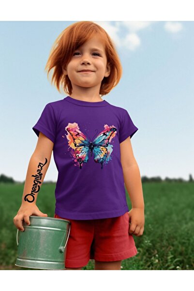 oneagılyazı Butterfly Printed Girl's Oversize T-Shirt