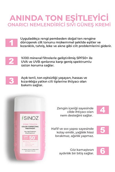 SİNOZ Pink Touch Anında Ton Eşitleyiciici Onarıcı Nemlendirici Pembe Yüz Güneş Kremi Spf50