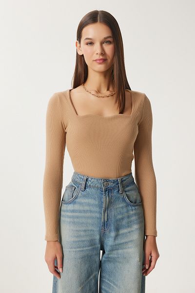 Happiness İstanbul Damen-Strickbluse mit Herzausschnitt und Biscuit-Schnitt GT00100