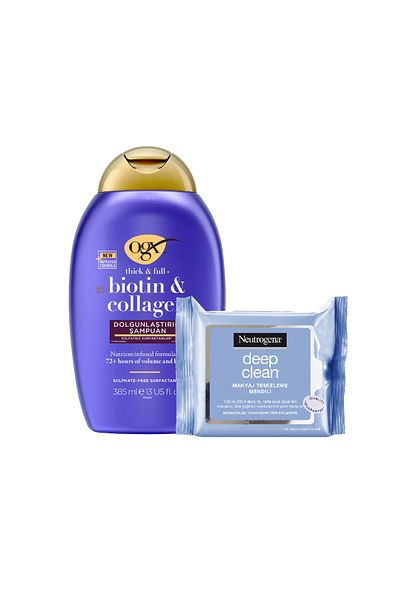 OGX Biotin Collagen Sulfate-Free Shampoo 385 ml + Neutrogena Deep Clean Makeup Removal Wipes 25 Pcs