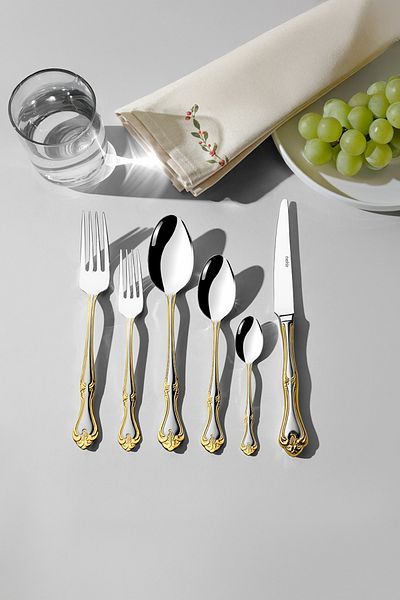 Nehir Lalezar Gold Satin - طقم سكاكين وشوكة وملعقة مكون من 72 قطعة لـ 12 شخصًا
