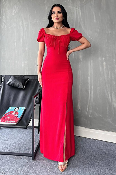 Trendyol Collection Red A-Line Breast Tie-Detailed Woven Long Stylish Evening Dress & Homecoming Dress Tprss25Ae00131