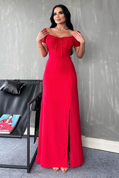 Trendyol Collection Rotes, bodenlanges, stilvolles Abendkleid und Heimkehrkleid mit A-Linien-Schnürung an der Brust. TPRSS25AE00131