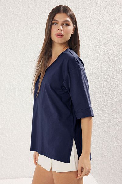 Trendyol Collection 100% pamut sötétkék túlméretes háromnegyedes ujjú póló - TWOSS25TS00011