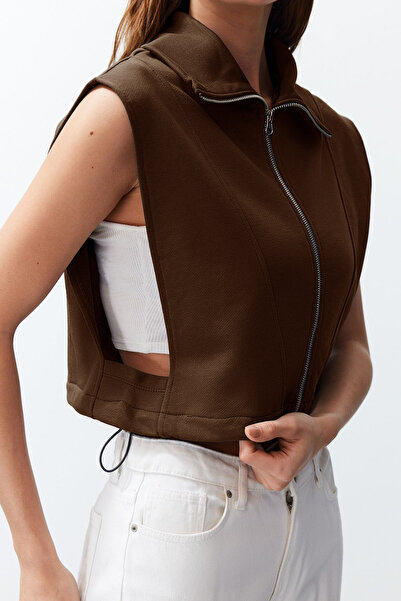 Trendyol Collection Кафява жилетка с цип за спокойна кройка - лунен ръкав, стояща яка TWOSS24YE00011