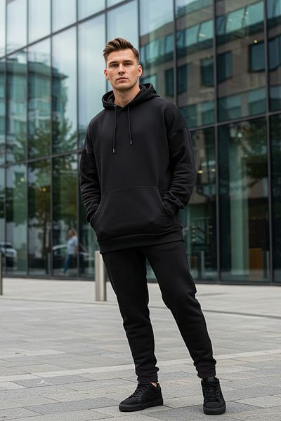 Trendyol Collection Übergroßes schwarzes Fleece-Sweatshirt-Trainingsanzug-Set mit Kapuze – TMNAW24EM00002