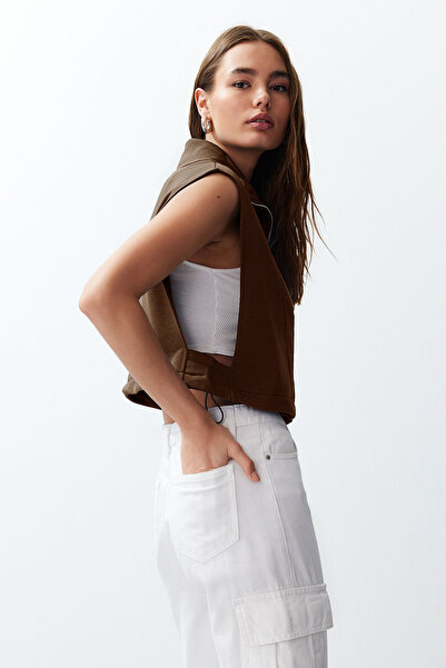 Trendyol Collection Кафява жилетка с цип за спокойна кройка - лунен ръкав, стояща яка TWOSS24YE00011