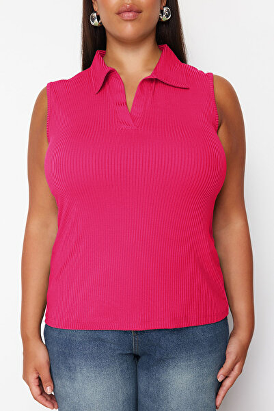 Trendyol Curve Rózsaszín testhezálló/testhezálló pólógallér, rugalmas kötött, nagy méretű blúz TBBSS24AF00065