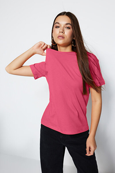 Trendyol Collection Πλεκτό μπλουζάκι Pink Crew Neck 100% βαμβακερό - TWOSS23TS00000