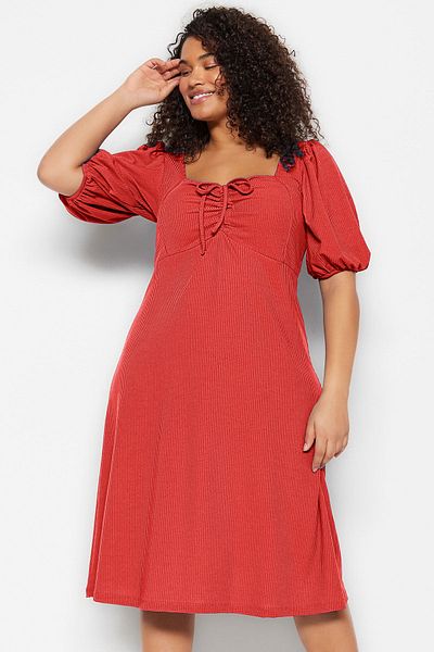 Trendyol Curve Plus Size Pink Bow Detail A-Line Knitted Dress - Tbbss23Ah00118