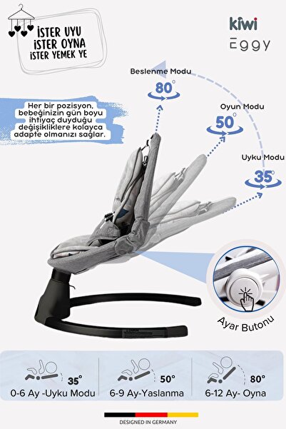 Kiwi EggyOne Elektrikli Otomatik Sallanan Bebek Ana Kucağı, 5 Farklı Sallanma Hızı, Oyuncaklı- Snow