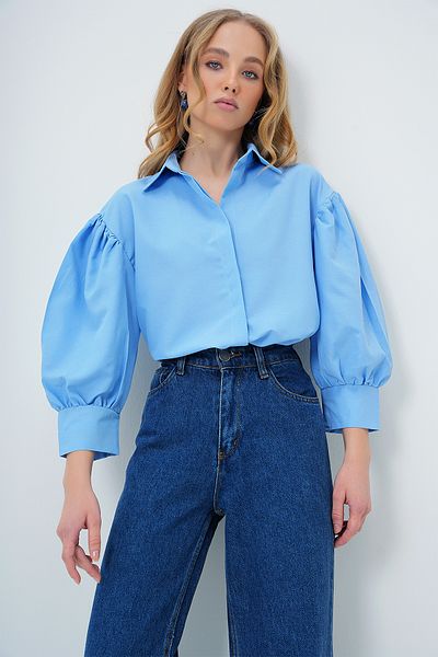 Trend Alaçatı Stili Női kék ballon ujjú Basic poplin ing ALC-X9654