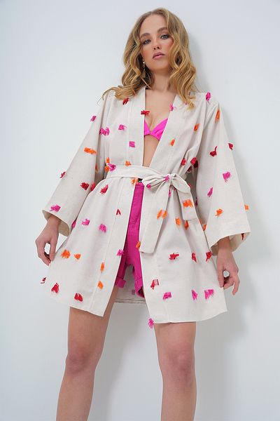 Trend Alaçatı Stili Fuchsiafarbene Kimono-Jacke im Leinen-Look mit Quasten-Detail – Taillengürtel, ALC-X13618