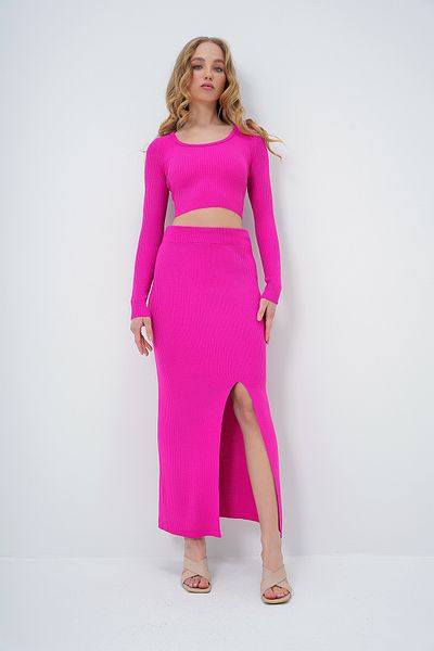 Trend Alaçatı Stili Women's Pink Wide Neck Long Sleeve Crop Sweater and Slit Skirt Suit Alc-X13601