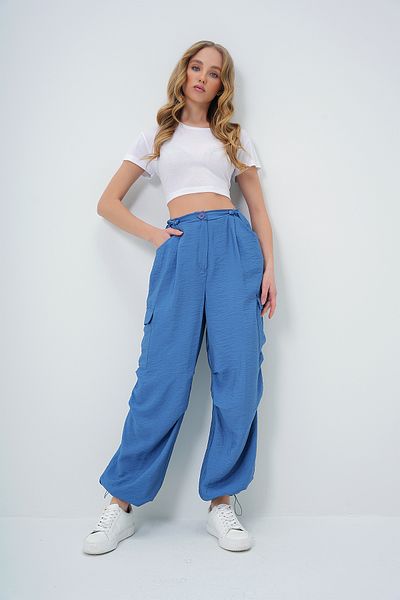 Trend Alaçatı Stili Indigo-Cargohose für Damen – mit Taschen und Gummizug, Aerobin-Weberei, ALC-X11716