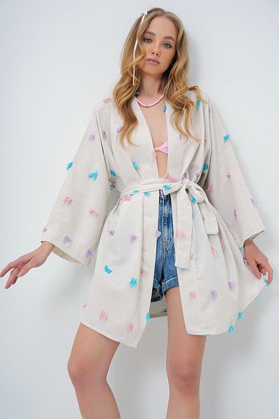 Trend Alaçatı Stili Fliederfarbene Kimono-Jacke in Leinenoptik mit Quasten und Gürtel – ALC-X13618