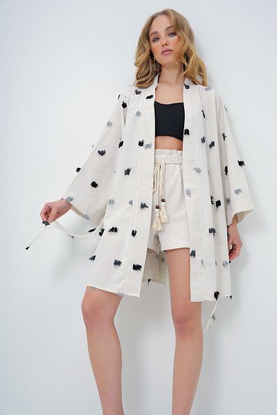 Trend Alaçatı Stili Women's Black Linen Look Tassel Detail Waist Belted Kimono Jacket Alc-X13618