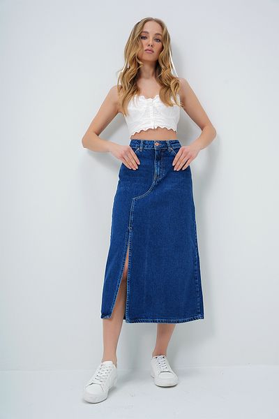 Trend Alaçatı Stili Fusta de damă, albastru închis, cu fante, cu lungime midi, ALC-X13174