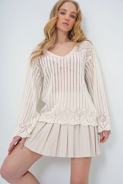 Trend Alaçatı Stili Durchbrochene Sommer-Strickbluse für Damen in Vanille mit U-Boot-Ausschnitt ALC-X10640