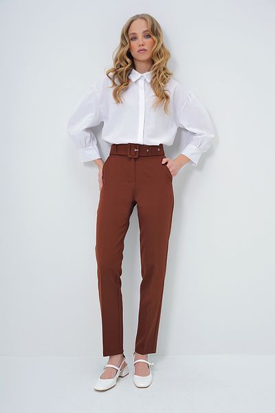 Trend Alaçatı Stili Dámský hnědý dvojitý kapesní skládaný pasový pás Straight Fit Kalhoty Alc-X8177