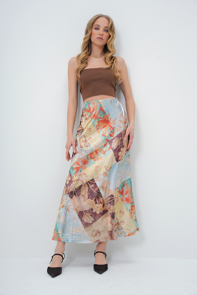 Trend Alaçatı Stili Women's Brown-Blue Floral Print Long Length Skirt with Elastic Waist Alc-X13386