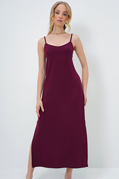 Trend Alaçatı Stili Women's Burgundy Rope Strap Slit Summer Knitted Dress Alc-X13570