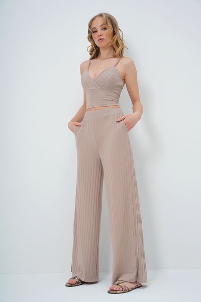 Trend Alaçatı Stili Beige Double Breasted Bustier and Split Palazzo Pants Set - Adjustable String Strap Alc-X13577