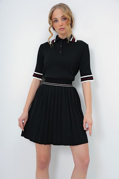 Trend Alaçatı Stili Black Polo Neck Knitwear Sweater and Mini Skirt Set - Alc-X13523