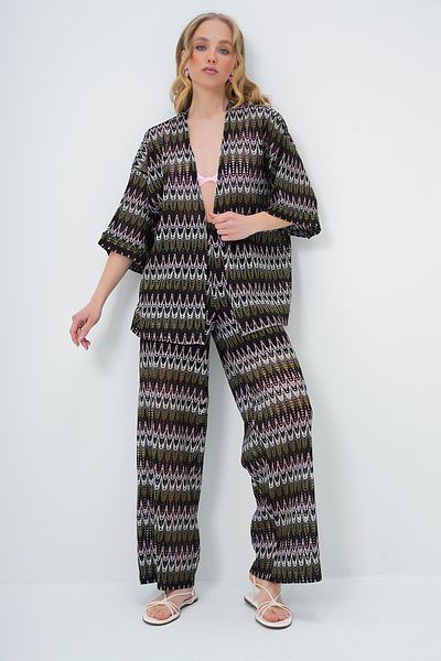 Trend Alaçatı Stili Women's Khaki Double Sleeve Guipure Kimono and Lined Palazzo Pants Set Alc-X13559