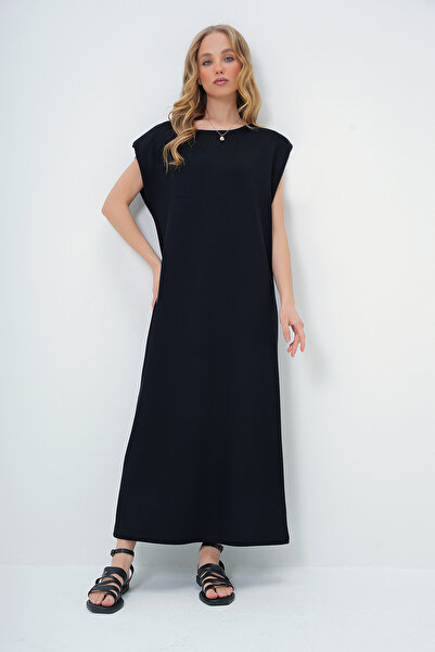 Trend Alaçatı Stili Schwarzes Damen-Sommerkleid mit Rundhalsausschnitt und ge...