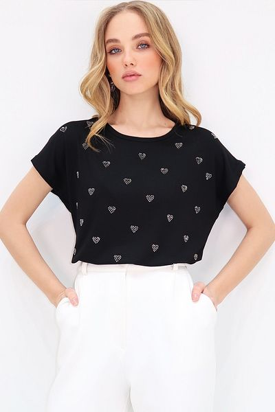 Trend Alaçatı Stili Schwarzes Damen-T-Shirt mit Rundhalsausschnitt, Herzmuster, Steinstickerei, Nullärmeln ALC-X13539