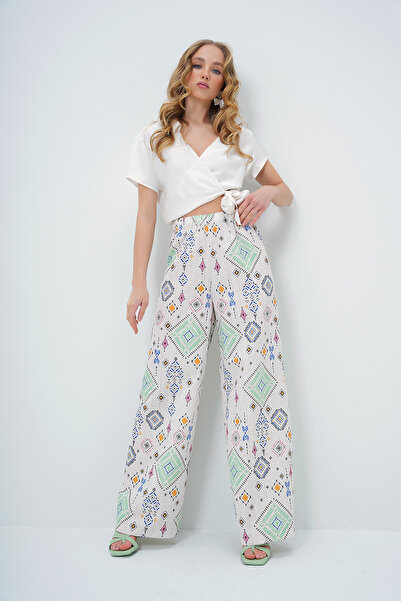 Trend Alaçatı Stili Women's Green Ethnic Patterned Elastic Waist Linen Trousers Alc-X13631