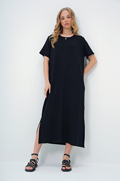 Trend Alaçatı Stili Dámské černé pletené šaty s výstřihem a krátkým rukávem Alc-X13571