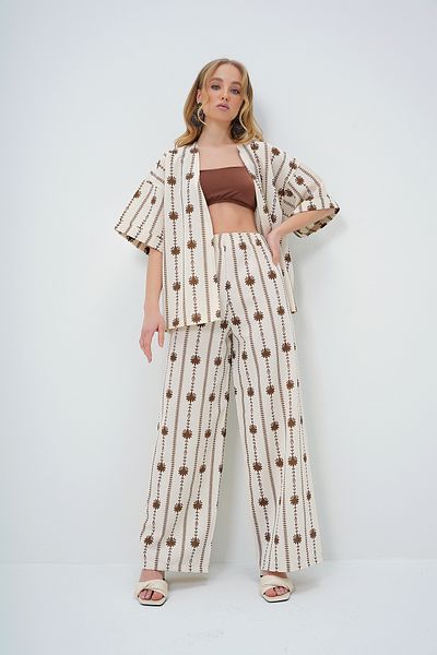Trend Alaçatı Stili Women's Brown Floral Print Double Sleeve Kimono and Palazzo Pants Linen Suit Alc-X13630