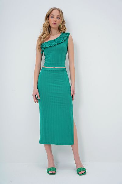 Trend Alaçatı Stili One Shoulder Green Suspender Blouse and Slit Skirt Set - Alc-X13578