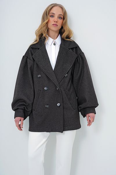Trend Alaçatı Stili Women's Anthracite Double Breasted Collar Balloon Sleeve Stamp Coat Alc-X10913