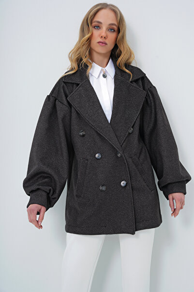 Trend Alaçatı Stili Dámský antracitový dvouřadý kabát s balonovým rukávem ALC-X10913